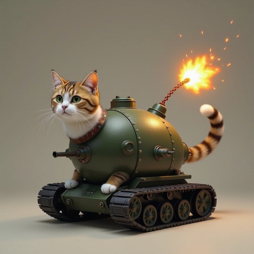 Un gatto con il corpo da bomba atomica e dei piedi da carroarmato