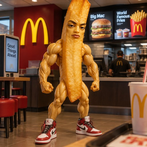 Muscular anthropomorphic French fry posing in a colorful fast-food restaurant, digital meme art