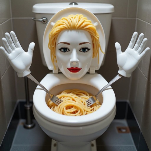 Toilet with human face 2 white hand with spaghetti hair spaghetti in side toilet bowl with fork in city