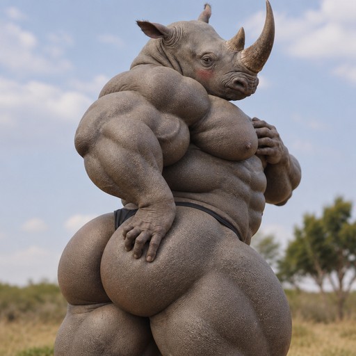 Surreal CGI rhinoceros humanoid standing outdoors under a cloudy sky