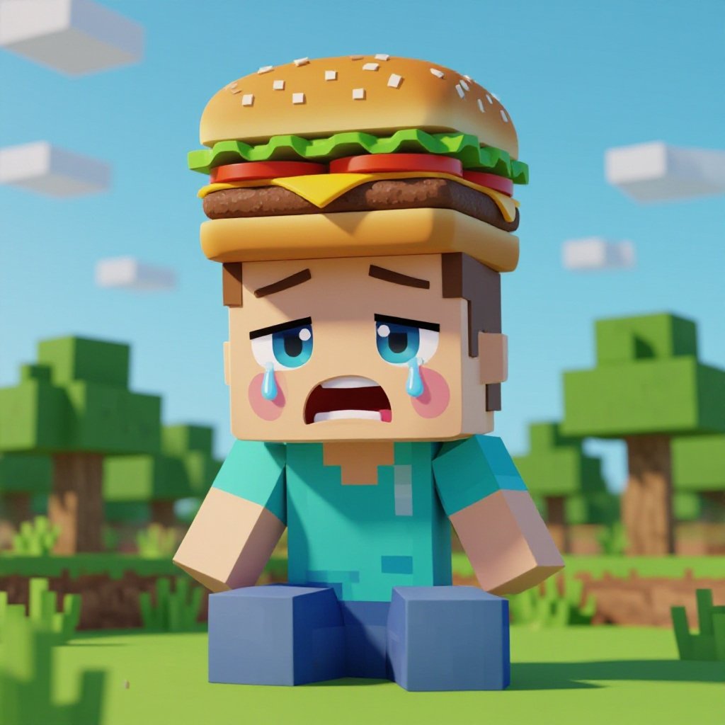 Um estive do Minecraft bebê chorando com um hambúrguer quadrado na cabeça