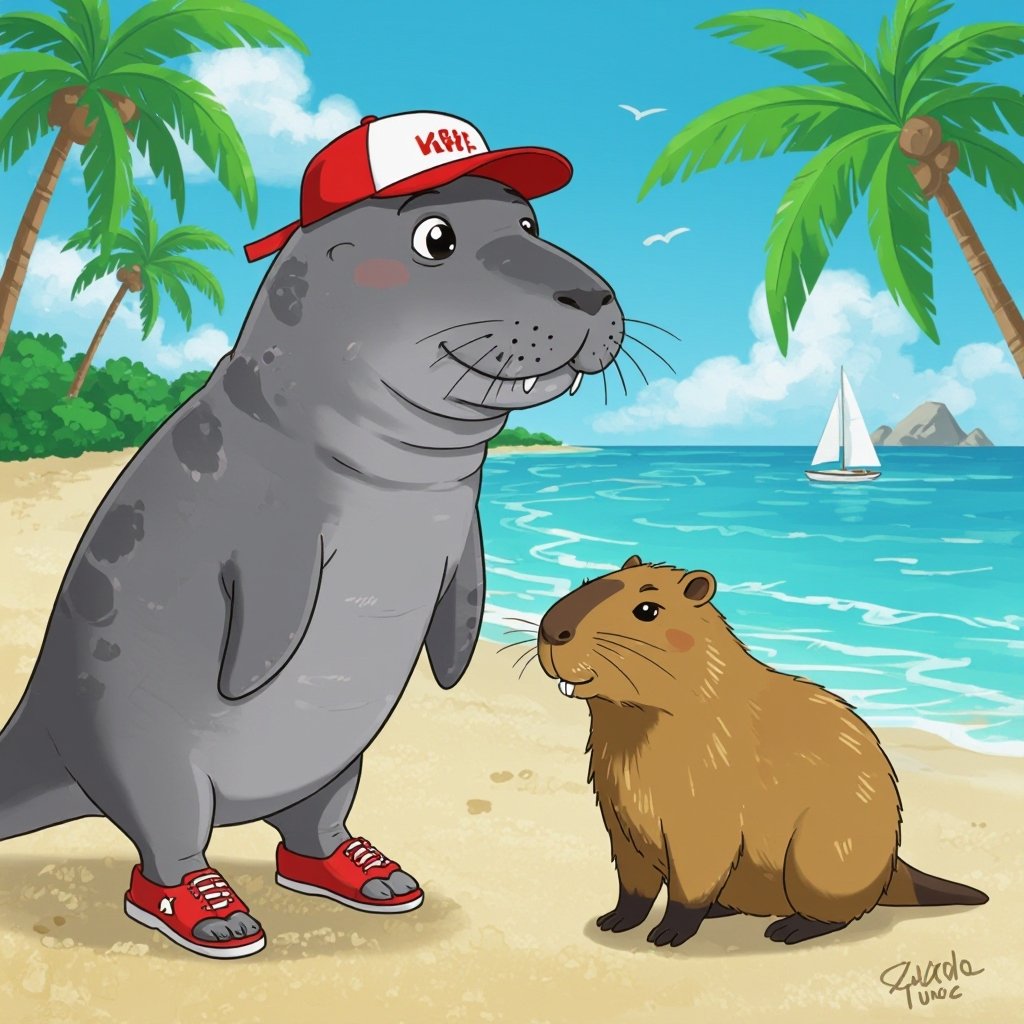 Squalo con le scarpe e un capybara sulla spiaggia