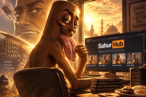 Sepia-toned illustrated person using a computer beside a SahurHub screen and food.