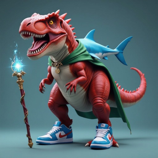 T-rex rosso fuso ad uno squalo blu con tre scarpe Nike e un bastone magico mantello verde