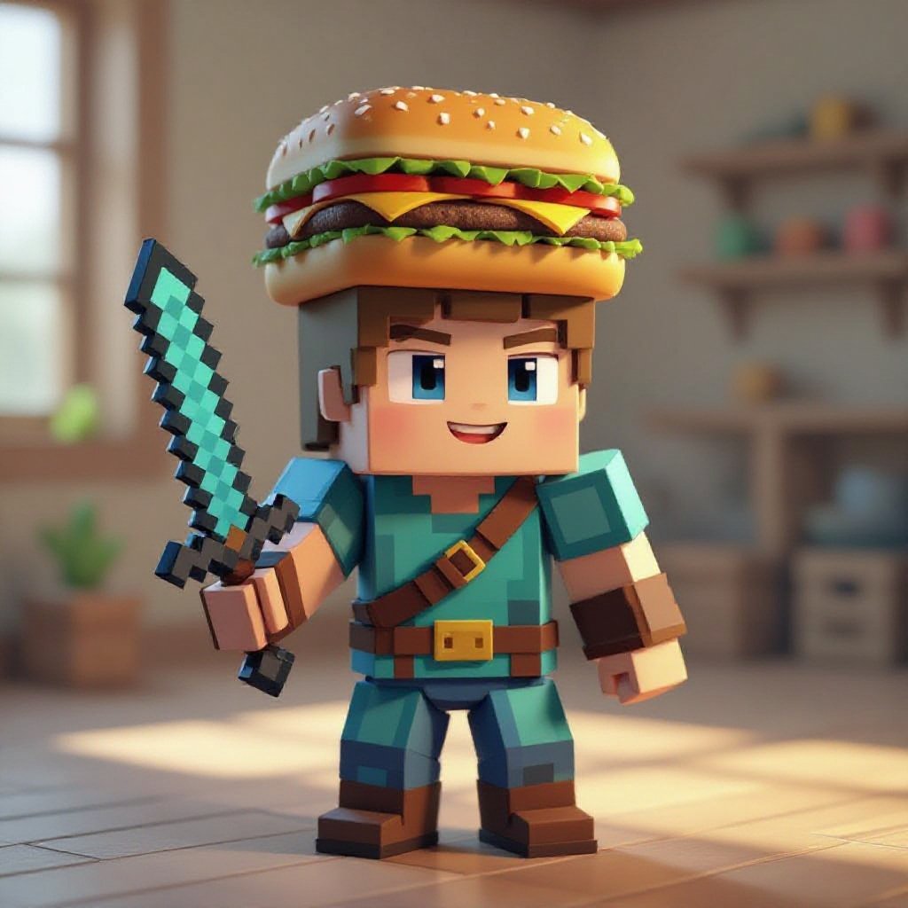 Um estive do Minecraft bebê com uma espada e um peitoral azul e com um hambúrguer quadrado na cabeça