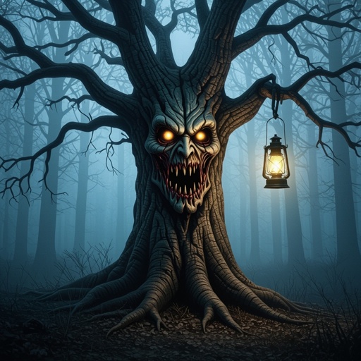 Un albero con la faccia terrificante con in mano una lanterna