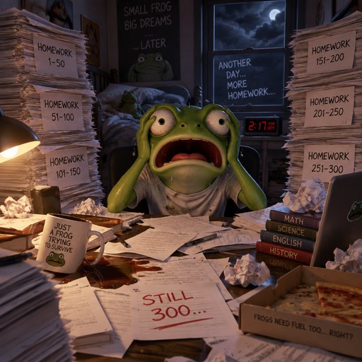 Cartoon frog-like creature surrounded by papers and homework, warm dim classroom scene