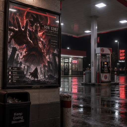 Dark, reflective gas station with a large fantasy movie poster and red signage.