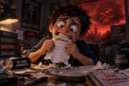 Cartoon person eating paper at a desk piled with schoolbooks in a dark red room