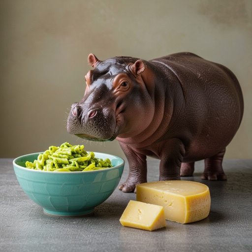 Un ippopotamo con il corpo di ciotola con dentro della pasta e pesto e ha un grana padano vicino