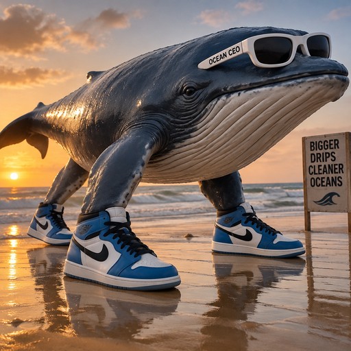 Surreal whale wearing blue sneakers and sunglasses on a beach at sunset