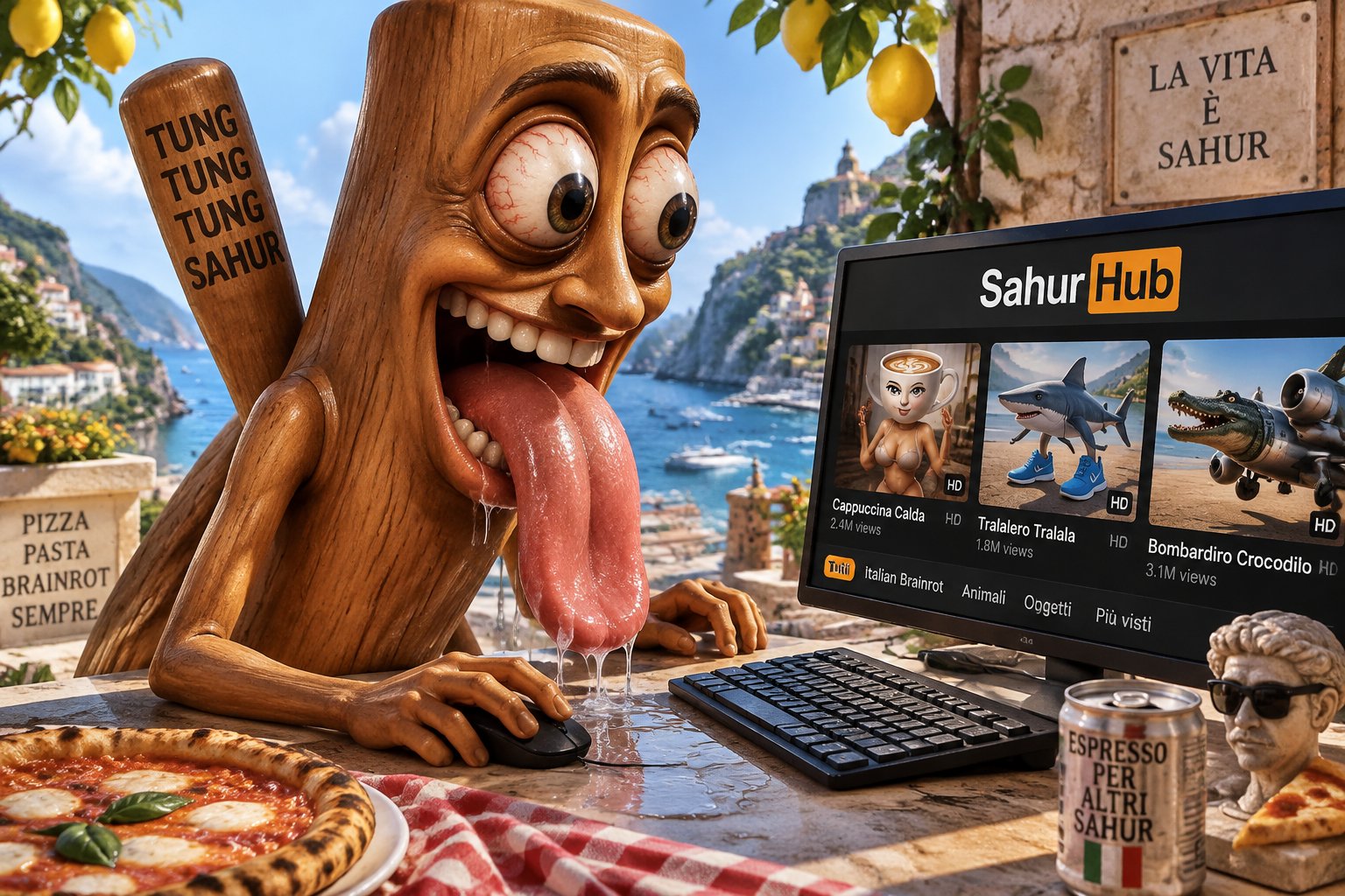 Surreal wooden character using a laptop beside pizza and a lakeside view