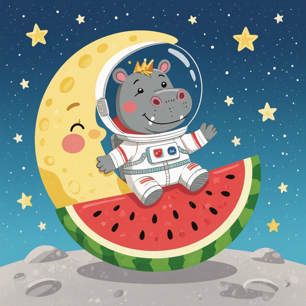 Astronaut with hippo head with watermelon body in moon