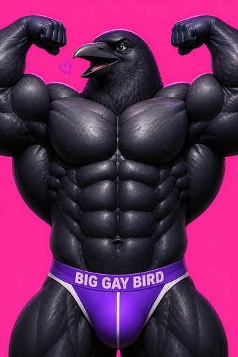 Muscular black bird character flexing against a bright pink background.