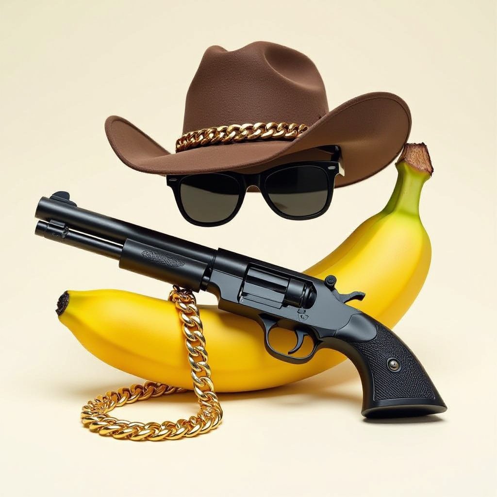 A banana with a gun and sunglasses, a cowboy hat and money chain in a backward hat