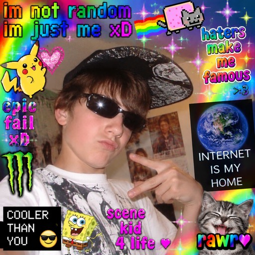 Colorful collage featuring a person, cat graphic, Pikachu, internet text, and vibrant stickers