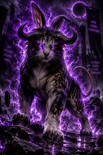 A horned cat surrounded by glowing purple flames in a dark fantasy scene.