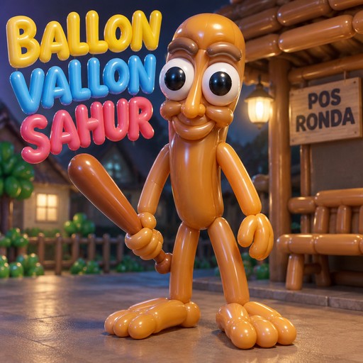 3D balloon figure holding a bat beside colorful text and a wooden sign