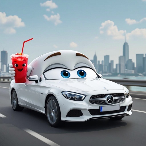 A car whit a face holding a drink