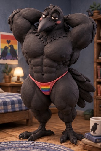 Cartoon muscular black bird character posing indoors beside furniture and potted plants