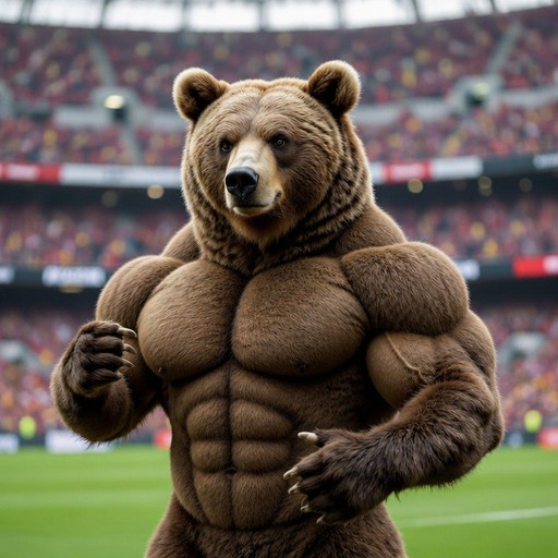 Muscular brown bear standing on a soccer field in a crowded stadium.