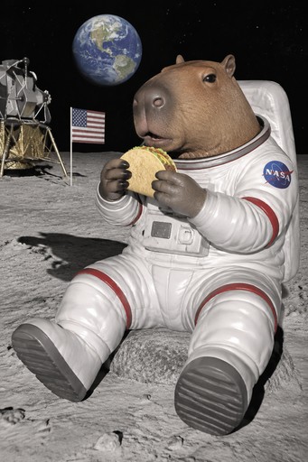 Cartoon hippo astronaut eating a sandwich on the moon beside an American flag