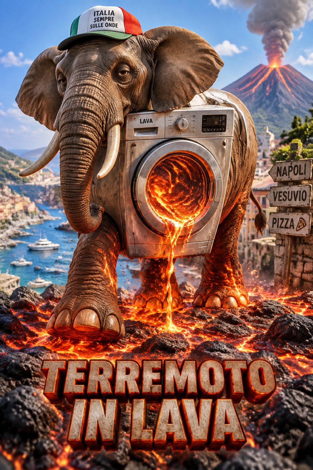 A cartoon elephant holds a camera amid erupting lava and a volcano, with bold text.