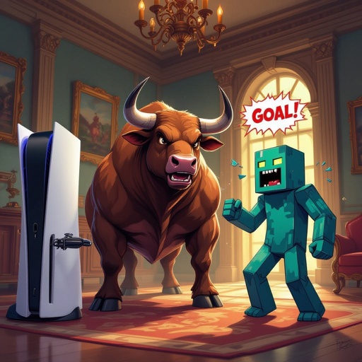 El toro dentro de la play 5 en la mansión jugando con un Enderman que dice gol gol