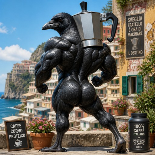 Muscular black raven-like figure walking through a colorful coastal village.