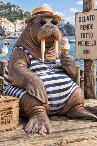 Photorealistic walrus in sunglasses and striped shirt sitting beside a gelato sign at the beach.