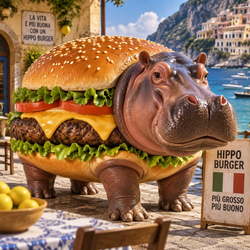 A photorealistic hippo-shaped cheeseburger beside a lakeside restaurant sign.