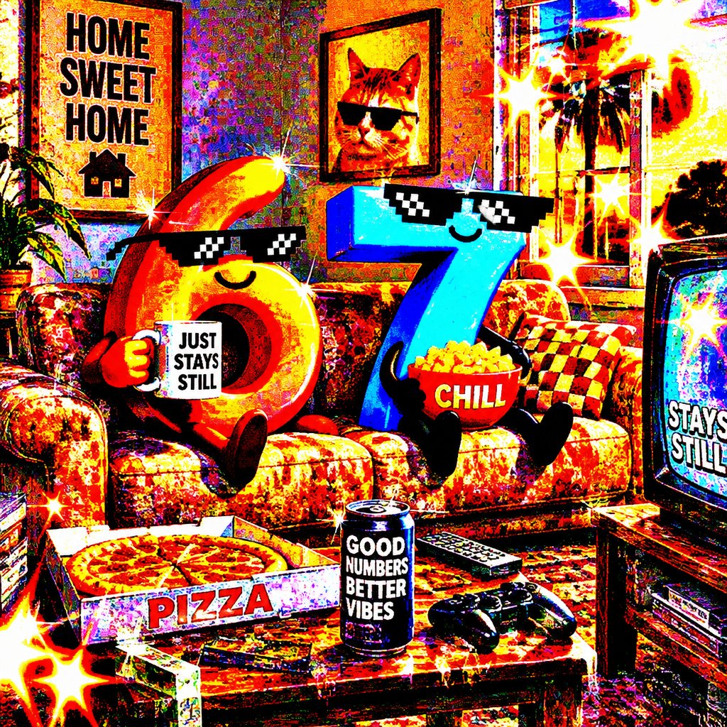 Colorful pixel-art couch scene with a pizza, soda cans, and sunglasses-wearing cartoon shapes