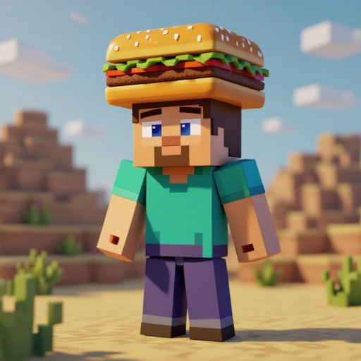 O Steve do Minecraft com um hamburger quadrado na cabeça em um  deserto 