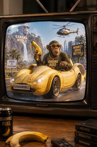 Retro TV-style collage of a person driving a yellow car through a jungle scene, with bananas and text.