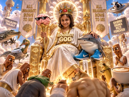 A crowned person in golden robes sits amid glowing text and cartoon animals, ornate meme collage style.