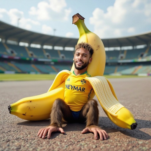 Uma banana com a cara do Neymar e com pernas de macaco