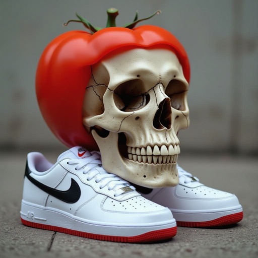 Uma caveira com corpo de tomate, com tênis da Nike. Bem realista