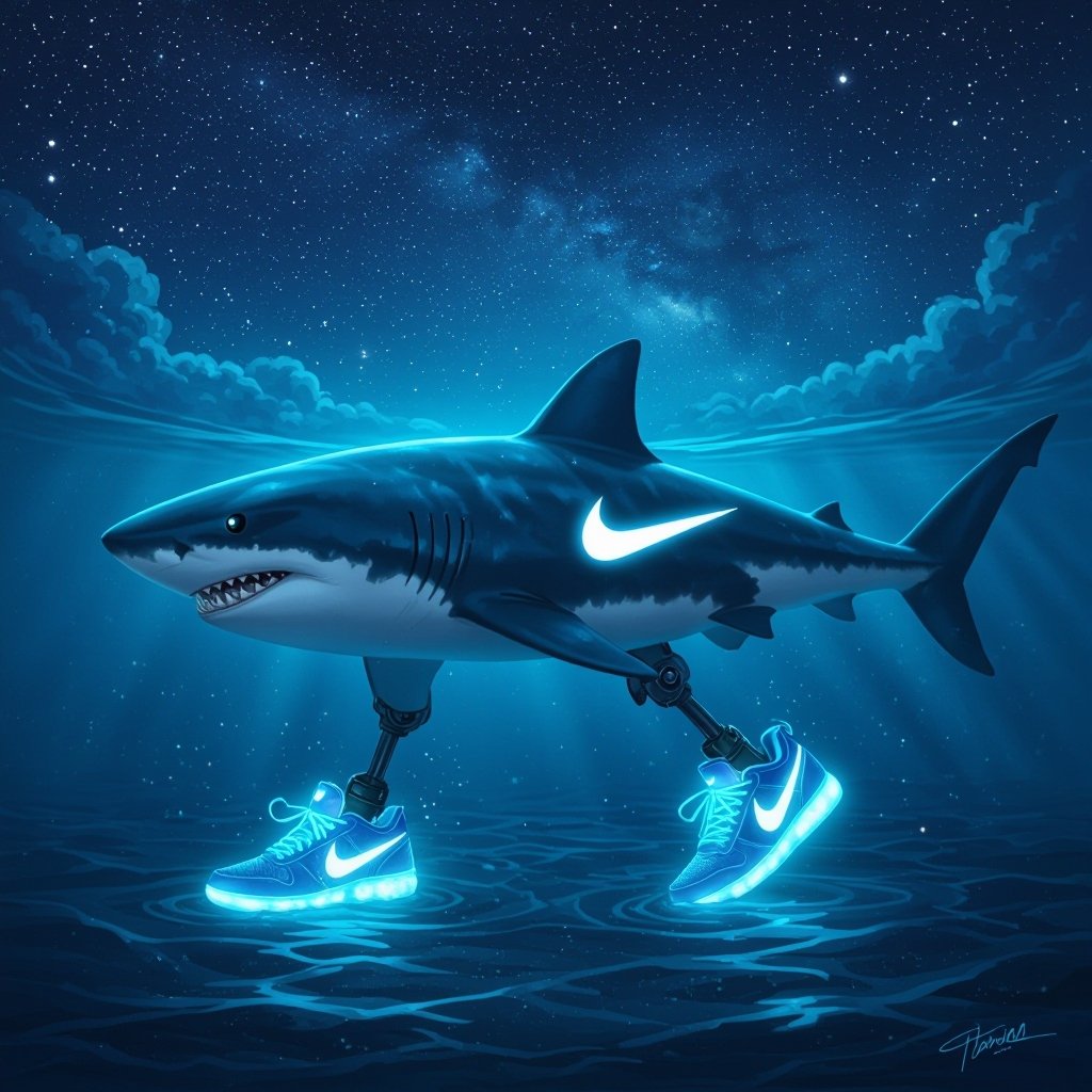 Uno squalo a tre zampe che ha le Nike azzurre