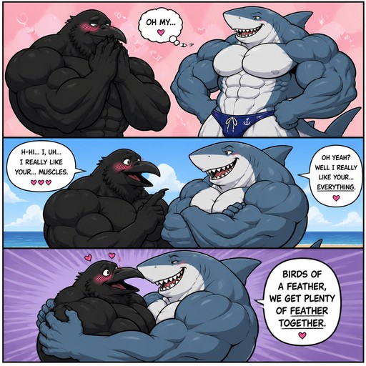 Comic-style panels show a black creature and blue shark-like creature interacting.