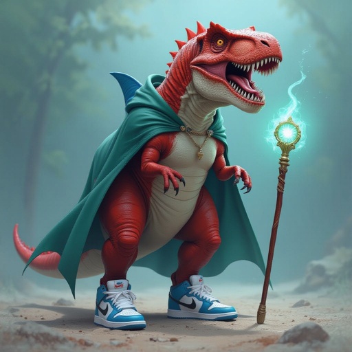 T-rex rosso fuso ad uno squalo blu con tre scarpe Nike e un bastone magico mantello verde