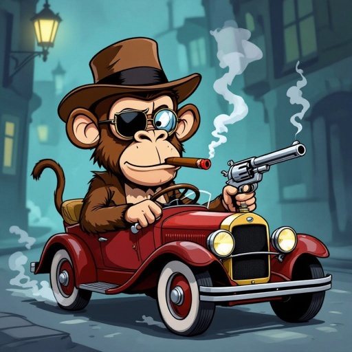 Scimmia che ha una revolver e fuma un sigaro con monocolo e cappello d’epoca che guida un auto d’epoca in un posto con luci fioche