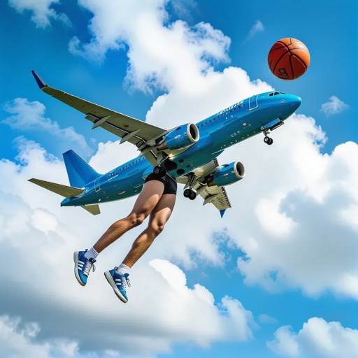 Plane with 2 human leg 1 human arm playing basketball in sky