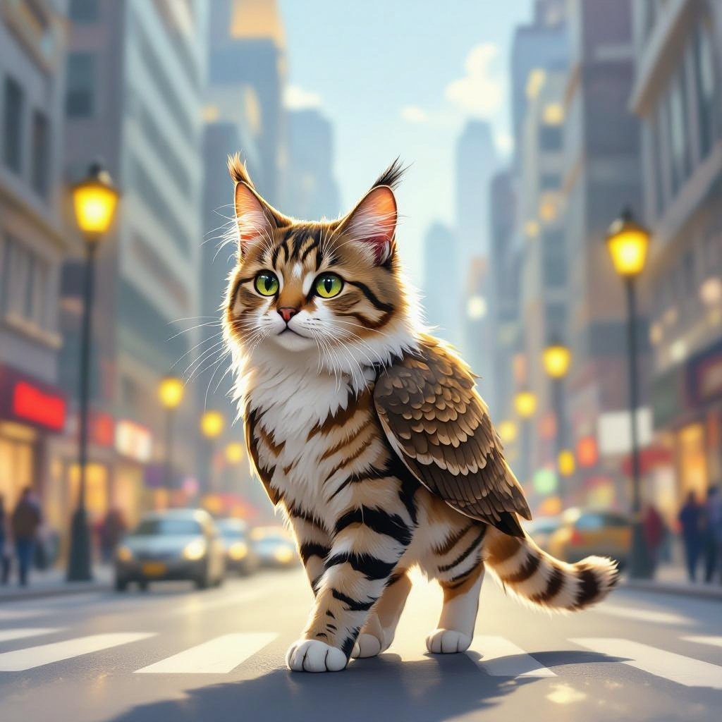 Cat with owl body In city