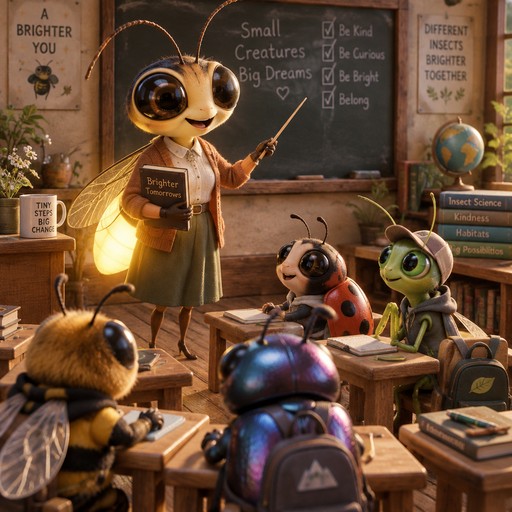 Glowing insect teacher points at chalkboard as animated students sit at wooden desks, sepia classroom style