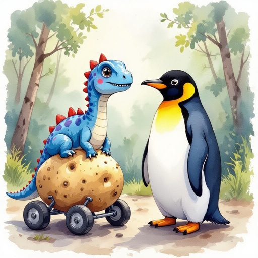 Un dinosauro con il corpo di mirtillo con le ruote insieme ad un pinguino con il corpo di una patata