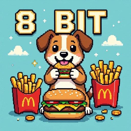 A dog eating a hamburger, french fries and hotdog
