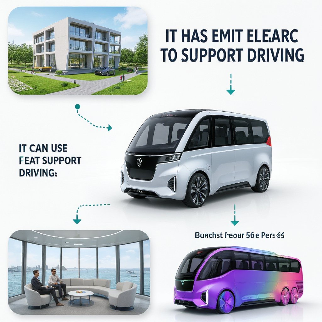 It doesn’t emit exhaust fumes It can use stored electricity to spport driving It has a hotel a park a place for meetings fising conversations with the car autonomous driving to pick you up and a large bus that can change color at will