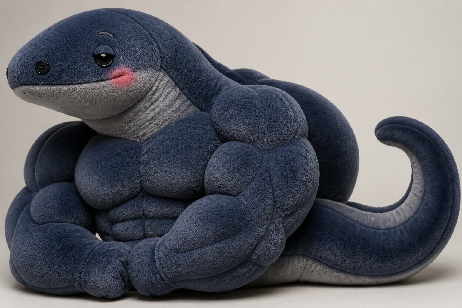 Cartoon-style blue muscular sea serpent plush sitting with its tail curled upward