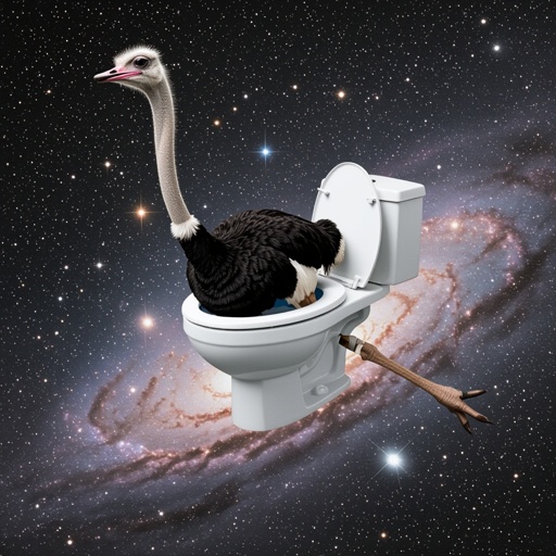 Ostrich with toilet body in space