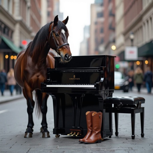 Horse with piano body wear 2 boots in city